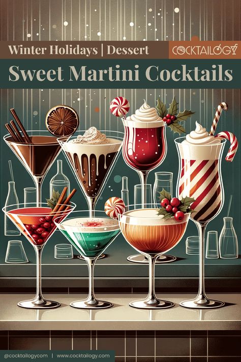 🍸🍭🎄The best 8 sweet martini cocktails you should really (really!) try this Christmas & winter holidays! 🥃🎂🎁 Decadent liquid boozy Christmas desserts in a martini glass! #cocktail #cocktails #drinks #martini #sweet #dessert #christmas #holidays Holiday Dessert Martinis, Christmas Dessert Martini, Holiday Martini Recipes Christmas, Christmas Themed Martinis, Christmas Chocolate Martini, Christmas Espresso Martini Recipes, Xmas Martini Recipes, Christmas Martini Recipes Vodka, Signature Holiday Cocktails