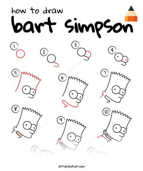 Learn How To Draw Bart Simpson with this step-by-step tutorial and video. How To Draw Simpsons Characters, How To Draw The Simpsons Step By Step, How To Draw Bart Simpson, Bart Simpson Drawing, Simpson Drawing, Simpsons Tattoo, Simpsons Drawings, Dibujo Simple, Simpsons Characters