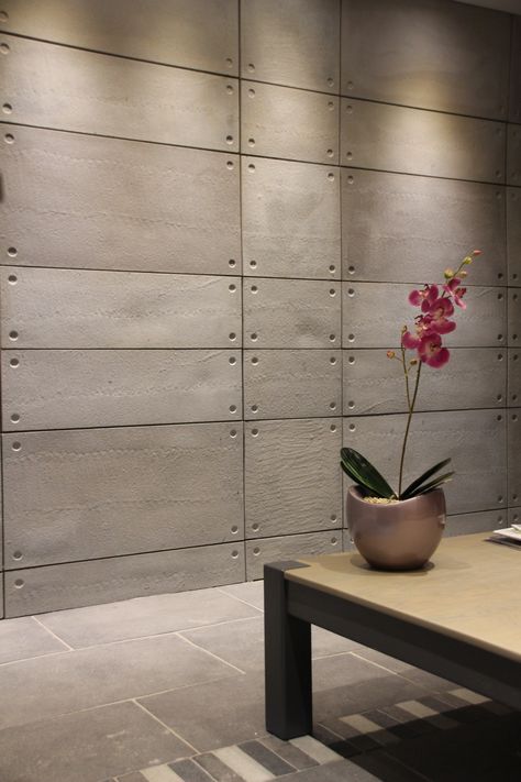 Modern, sleek, durable and contemporary off shutter cladding in plain grey. Ideal for any business or home wall area. Concrete Wall Design, Concrete Wall Tiles, Concrete Board, Concrete Wall Panels, Industrial Style Bathroom, Brick Decor, Small Apartment Interior, Wall Tiles Design, Brick Texture