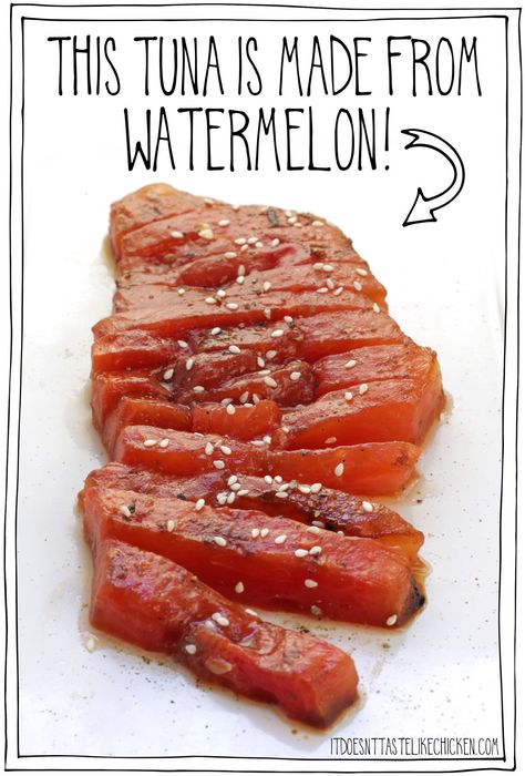 You won't believe this watermelon tuna recipe! Just 7 ingredients and 1 hour of hands-off baking is all it takes to transform regular watermelon into a vegan tuna steak- no fishies harmed! Nori, soy sauce, miso paste, and a few other ingredients are used to season the watermelon, then the key is to bake the watermelon, which completely changes the watermelon to a tender raw fish texture. This recipe is a must-try! #itdoesnttastelikechicken #veganseafood Vegan Tuna Recipe, Fish Texture, Vegan Tuna, Tuna Recipe, Tuna Steak, Miso Paste, Raw Fish, Vegan Fish, Vegan Sushi