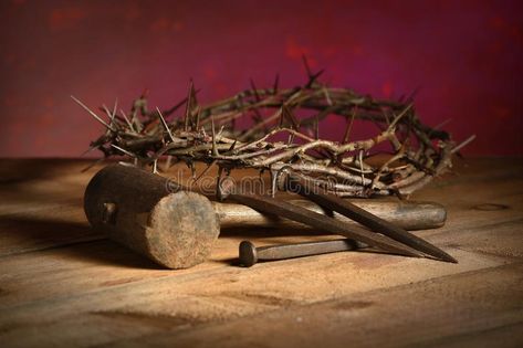 Crown of Thorns, Mallet and Nails. Over vintage table over red background , #AD, #Mallet, #Nails, #Crown, #Thorns, #red #ad Crown Of Thorns And Nails, Crown Thorns, Easter Poster, Crown Of Thorns, Vintage Table, Red Background, Photo Image, Stock Images, Crown