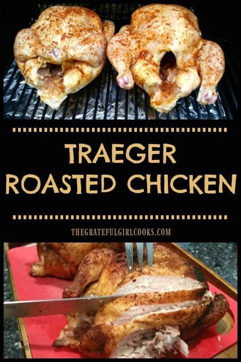 Traeger Roasted Chicken, well seasoned with a dry rub spice mix, is a great meal! Cooking whole chickens on a smoker/pellet grill couldn't be easier! via @gratefuljb #healthyrecipe Traeger Grill Recipes Chicken, Traeger Smoker Recipes, Traeger Chicken, Grilled Whole Chicken, Traeger Cooking, Pellet Smoker Recipes, Whole Chickens, Traeger Grill Recipes, Cooking Whole Chicken