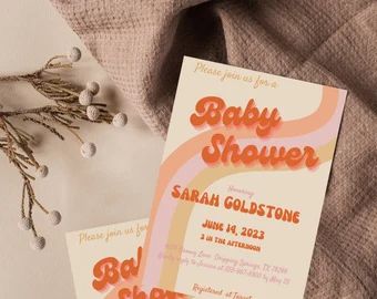 DesignsbyEmArt | Etsy Retro Baby Showers, Jordan Baby Shower, Trendy Invitations, Modern Baby Shower Invitations, 70s Party, Retro Baby, Modern Baby Shower, Invitation Baby Shower, Sign Templates