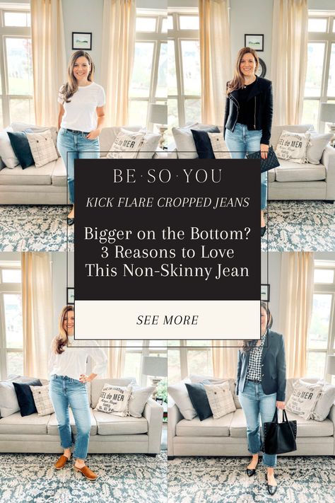 If you have a larger bottom, here are 3 reasons you’ll love the kick flare cropped jean. Plus, how to create stylish day and evening outfits you'll happily wear over and over. Cropped Kick Flare Jeans Outfit, Kick Crop Jeans Outfit, Kick Flare Jeans Outfit, Flare Cropped Jeans, Cropped Jeans Outfit, Flare Jeans Outfit, Flair Jeans, Kick Flare Jeans, Cropped Flare Jeans