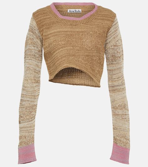 Asymmetric wool-blend sweater in brown - Acne Studios | Mytheresa Sweater Vest Women, Extra Long Sleeves, Knitted Tops, Jewel Neck, Brown Sweater, Sweater Design, Wool Blend Sweater, Kpop Outfits, Cropped Sweater