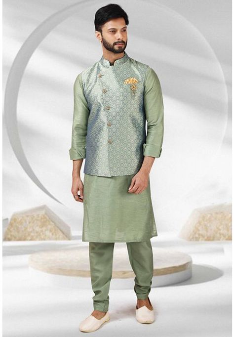 Sage Green Kurta Set with Banarasi Jacquard Jacket Kurta With Jacket For Men, Sage Green Plain, Kurta Design For Men, Pista Colour, Kurta With Jacket, Kurta Pajama With Jacket, Nikkah Outfit, Pista Green, Green Plain