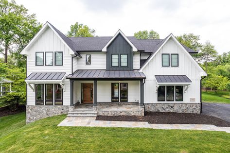 Modern Farmhouse in Vienna - Farmhouse - Exterior - DC Metro - by Stahl Homes LLC | Houzz Black Gutters White House, Black Gutters, Gutters And Downspouts, White Modern Farmhouse, Standing Seam Roof, Porch Roof, Standing Seam, Dc Metro, White Farmhouse