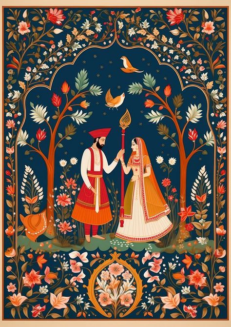 Indian traditional mughal pichwai art tapestry pattern adult. | premium image by rawpixel.com / juju. Mughal Art Illustrations, Traditional Indian Design Patterns, Mughal Mood Board, Mughal Art Paintings Illustrations, Traditional Indian Prints, Cultural Paintings, Mughal Patterns, Wedding Collaterals, Journal Aesthetics