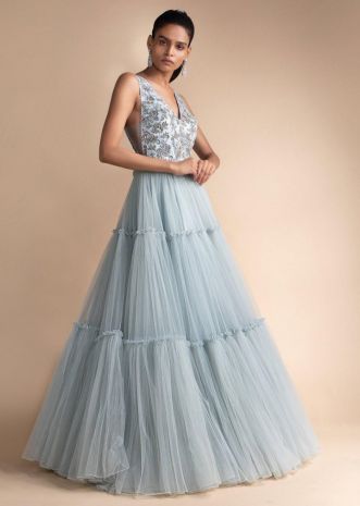 Gown Queen, Powder Blue Gown, Indowestern Gowns, Net Gown, One Piece Gown, Western Gown, Net Gowns, Stylish Gown, Sensual Seduction