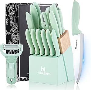 Howashin Knife Set With Block,15Pcs Knives Block Set,High Carbon German Stainless Steel Knife Set With Sharpener,Scissor and Peeler,Green Knife Block Set Kitchen Knives Set, Stainless Steel Knife Set, Knife Block Set, Specialty Knives, Cutlery Sets, Knife Set Kitchen, Sharpeners, Green Gifts, Knife Set