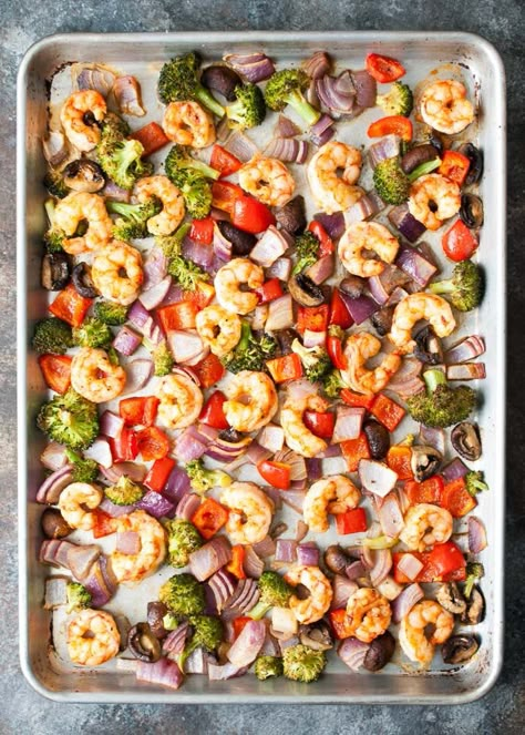 Sheet Pan Roasted Shrimp & Veggies Roasted Veggies And Shrimp, Shrimp And Vegetables, Crimini Mushrooms, Sheet Pan Suppers, Sheet Pan Dinners Recipes, Roasted Shrimp, Pan Dinners, Pan Meals, Simply Delicious