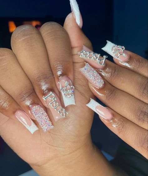 21st Birthday Acrylic Nails, Aries Birthday Nails Acrylic, White Bday Nails, Birthday Nails Gemini, Birthday Nails Long, Sweet 16 Nails, Nails Long Square, Birthday Nail Designs, Birthday Nail