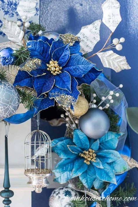 This blue, white and gold Christmas garland looks beautiful over this fireplace mantle. #fromhousetohome #christmas #DIYChristmas #Xmas #fireplace #christmasdecor Gold Christmas Garland, Christmas Fireplace Garland, White Christmas Garland, White And Gold Christmas, Blue Christmas Tree Decorations, Xmas Fireplace, Holiday Fireplace, Fireplace Garland, Diy Christmas Garland