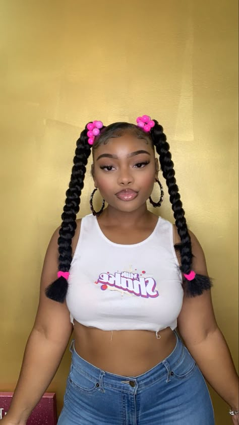 Braided Bun With Two Side Braids Black Women, Lines For Hairstyle, 90 Hairstyles 90s Hair Black Women Braids, 90s Natural Hairstyles Black Women, Two Ponytail Hairstyles Braids, Freaknik 90s Hairstyles Natural, Two Pigtail Braids Hairstyle Black Women, Pigtail Black Women, 3 Braids Hairstyles For Black Women