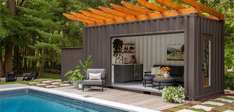 Pool Shed Ideas, Shipping Container Pool House, Pool Sheds, Pool House Cabana, Shipping Container Sheds, Pool Paving, Poolside Loungers, Shipping Container Pool, Waterloo Ontario