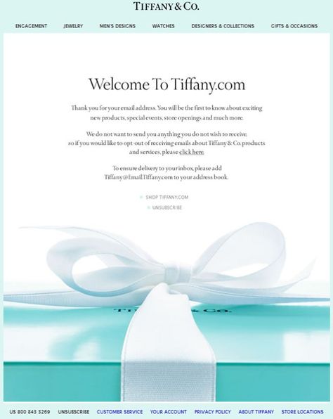 Tiffany & Co. welcome email design example Welcome Email Design, Mailing Design, Birthday Email, Newsletter Layout, Shein Gift Card, Welcome Emails, Email Template Design, Email Marketing Template, Email Design Inspiration