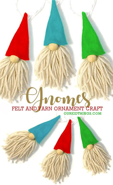 Felt Gnome Christmas Ornament Craft - Our Kid Things Nome Christmas Crafts, Gnome Christmas Ornament Diy, Felt Xmas Ornaments Diy, Easy Christmas Ornament Craft For Kids, Gnome Ornaments Diy Kids, Gnomes Made With Yarn, Diy Felt Gnomes, Felt Craft Christmas, Easy Christmas Crafts Ornaments