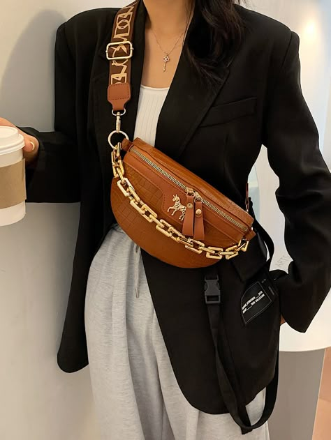 Brown  Collar  PU Leather Crocodile Print Bum Bag Embellished   Women Bags Fanny Pack Women, Waist Bags, Bum Bag, Trend Fashion, Waist Pack, Women Leather, Printed Bags, Style Chic, Leather Chain