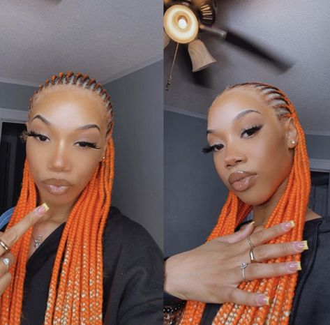 Orange Feed In Braids, Orange Fulani Braids, Orange Cornrows, Blonde And Orange Braids, Straight Back Feed In Braids With Color, Orange And Black Braids, Colored Cornrow Braids, Cornrows With Color, Orange And Blonde Braids