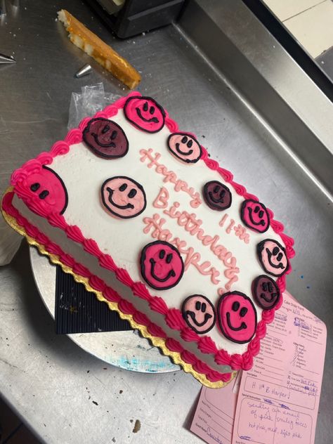 Preppy Sheet Cake, Smiley Face Sheet Cake, Preppy Birthday Party Cake, Pink Smiley Face Cake, Pink Sheet Cake, Preppy Birthday Cake, Smiley Face Cake, Pink Birthday Theme, Summer Birthday Cake