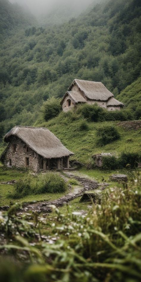 Medieval Forest House, Medieval Stone House, Fantasy Forest Village Aesthetic, Midevil Village Aesthetic, Abandoned Medieval Village, Fantasy Abandoned Village, Abandoned Village Aesthetic, Medieval Peasant House, Medieval Forest Aesthetic