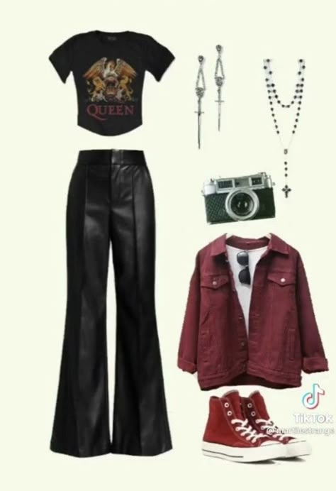 Classic Rock Outfits Women, 70s Band Outfits, 70s Metal Fashion, Dark Vintage Aesthetic Outfits, Band Inspired Outfits, Ricky Montgomery Concert Outfit, Glam Rock Style Women, Queen Inspired Outfits Band, 80s Fashion Rock