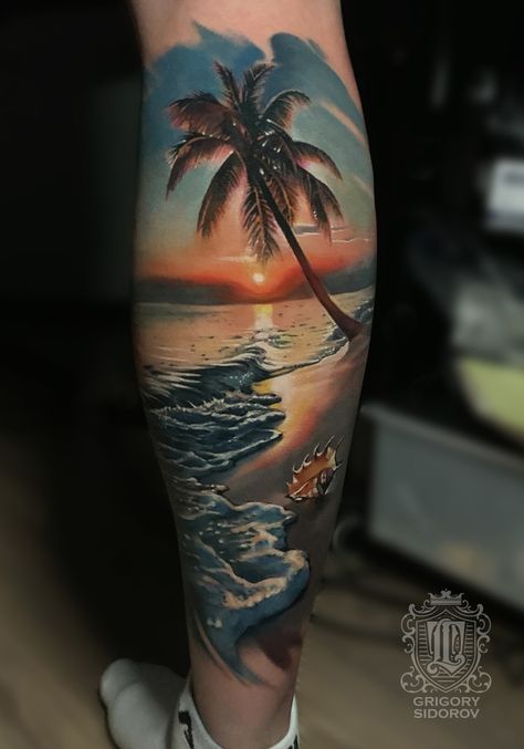 Ocean Tattoos Realistic, Sunset At Beach Tattoo, Beach Tattoo Half Sleeve, Beach Sleeve Tattoos For Women, Realism Ocean Tattoo, Color Beach Tattoo, Beach Themed Tattoos For Women Sleeve, Beach Leg Tattoos Women, Beach Tattoo Sleeve Women