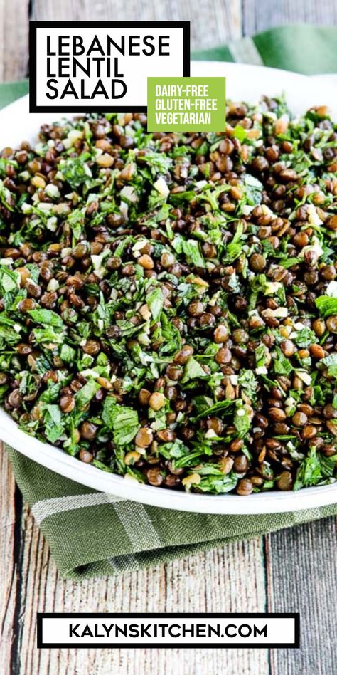 Pinterest image of Lebanese Lentil Salad shown in serving bowl on Green Plaid Napkin. French Lentil Salad Recipes, Best Lentil Salad Recipe, Lebanese Lentil Salad, Best Lentil Salad, Sprouted Lentil Salad, Lentils Recipe Mexican, Green Lentil Side Dish, Lentil And Bean Recipes, Delicious Lentil Recipes