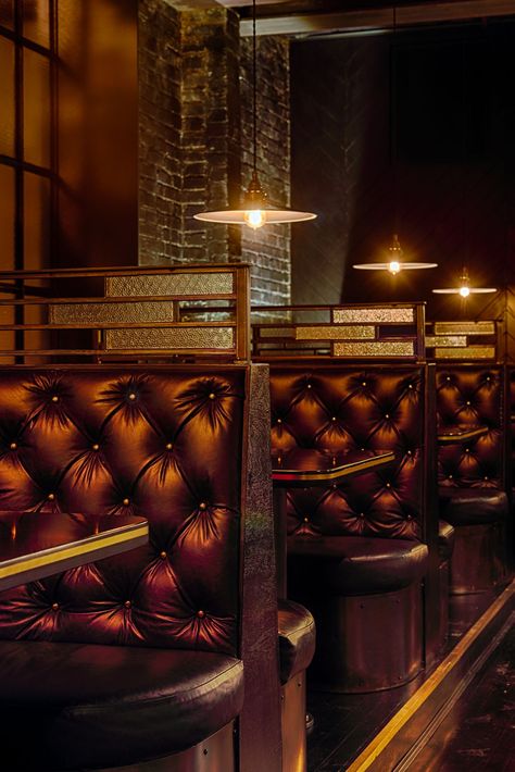 Plush soft seating with straight top and rounded seat bottom... Bar Booth Seating, Bar Height Booth Seating, Speakeasy Booth Seating, Nightclub Booth Seating, Booth Seating Design, Leather Booths Restaurant, Gentleman’s Club Bar, Round Booth Seating Restaurant, Restaurant Booth Seating