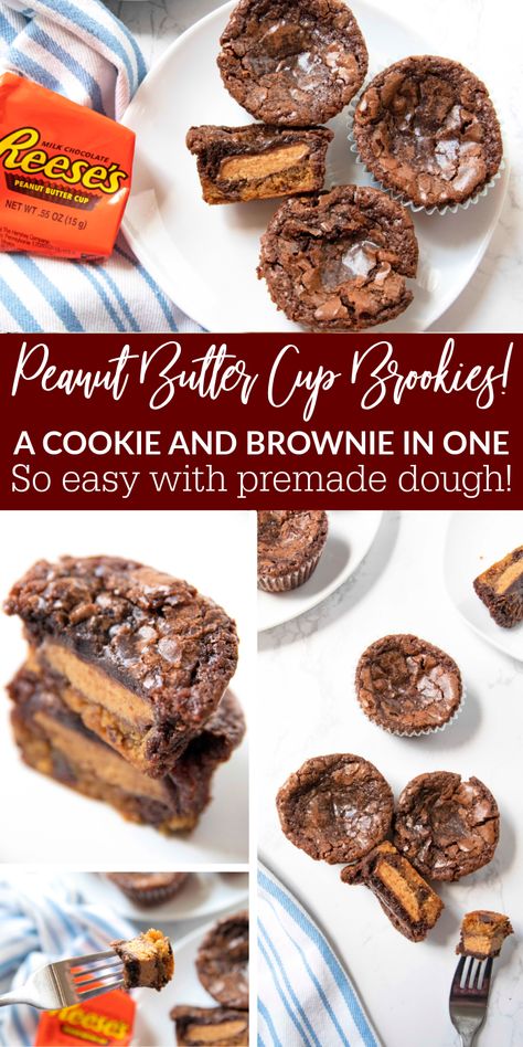 Peanut Butter Cup Brookies is an easy and quick dessert. You use premade cookie dough and brownie mix to make the perfect bite-size brownie brookie cups. #brookies #peanutbuttercup #premadedough #easy #dessert #passion4savings #holiday #baking Brookie Cookies, Bake Sale Desserts, Brookies Recipe, Brownie Cups, Brownies Cookies, Homemade Snickers, Quick Dessert, Pumpkin Chocolate Chip Cookies, Cookie Dough Recipes