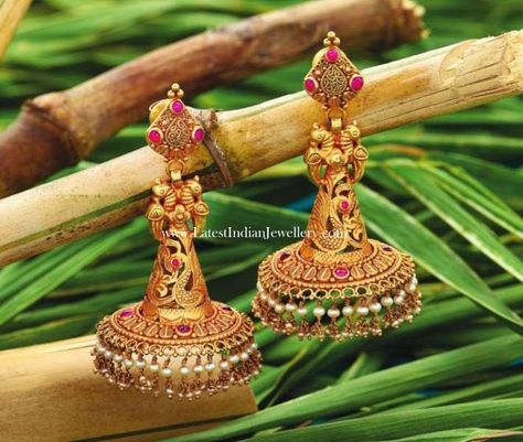 Cone Shape Antique Jhumkas Diamond Buttalu, Antique Jhumkas, Gold Earing, Latest Indian Jewellery, Parrot Design, Gold Jhumka, Gold Jhumka Earrings, Indian Jewelry Earrings, Antique Jewelry Indian