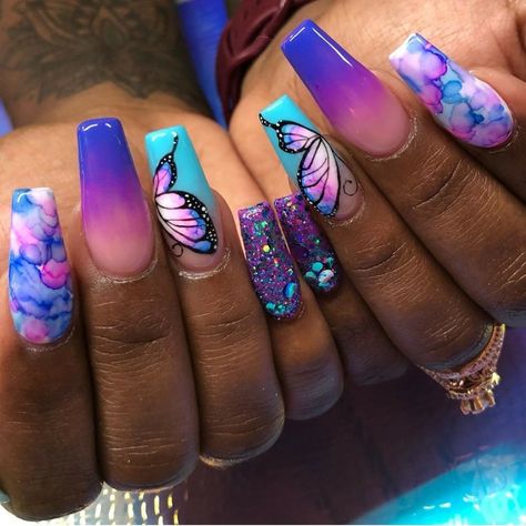 Birthday Nails Summer 2023, Mint Purple Nails, Alcohol Ink Nail Designs, Tye Dye Nail Designs, Encanto Nails Designs, Pink Purple Blue Nails, Blue And Purple Nails Designs, Birthday Nails Purple, Blue And Purple Nails