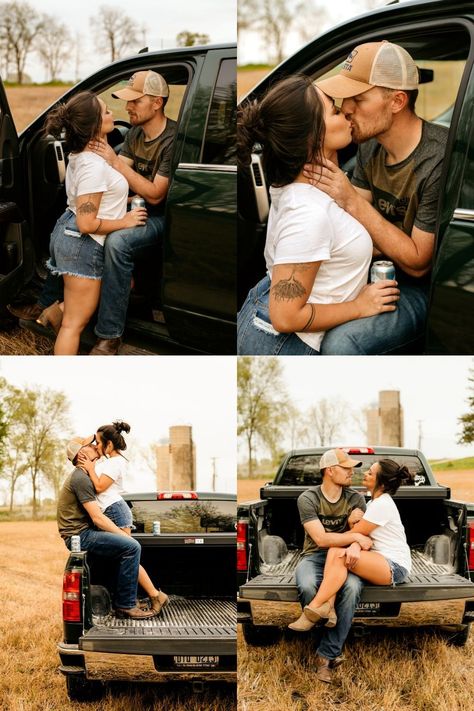 Drinking Couple Pictures, Couples Pics With Truck, Tailgate Engagement Photos, Truck Couple Pictures, Back Of Truck Photoshoot, Country Couple Pictures Truck, Beer Engagement Pictures, Truck Couple Photoshoot, Truck Engagement Pictures