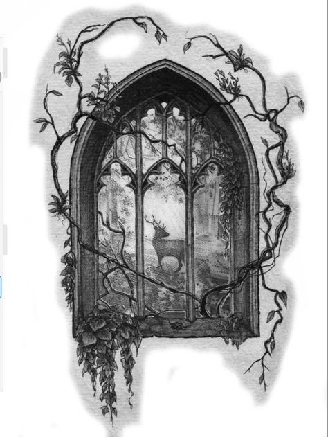 Greek Window Tattoo, Gothic Window Painting, High Fantasy Tattoo, Window Scene Tattoo, Window Tattoo Vintage, Fantasy Window Tattoo, Vintage Window Tattoo, Magic Door Tattoo, Large Gothic Tattoo