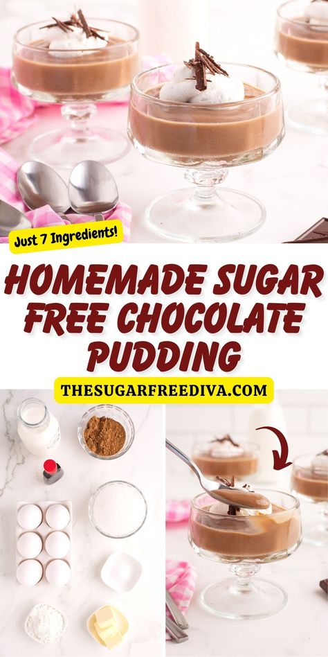 **Homemade Sugar Free Chocolate Pudding, a simple, delicious and easy recipe made from scratch in about 20 minutes, with no added sugar. Read more at: https://thesugarfreediva.com/homemade-sugar-free-chocolate-pudding/ #sugarfree #noaddedsugar #sugarfreedessert #diabeticdessert #dessertrecipe #pudding #chocolate Best Sugar Free Desserts, Sugar Free Chocolate Pudding, Dairy Free Deserts, Pudding Recipes Homemade, Sugar Free Desserts Easy, Chocolate Pudding Recipe, Sugar Free Lifestyle, Homemade Chocolate Pudding, Chocolate Pudding Recipes