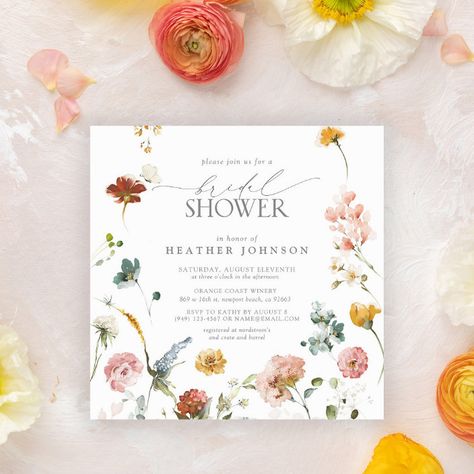 #affiliate Our bestselling Zazzle bridal shower invitations just got a trendy new upgrade! Announcing our Elegant Garden Flowers Wildflower Floral Bridal Shower Invitation. A petite, square invitation designed to impress with airy watercolor garden flowers in shades of dusty blue, pink, gold, white and scarlet. Watercolor Bridal Shower Invitations, Square Invitation, Bridal Shower Champagne, Wedding Announcement Cards, Serif Typography, Elegant Garden, Brunch Invitations, Floral Bridal Shower Invitations, Flowers Watercolor