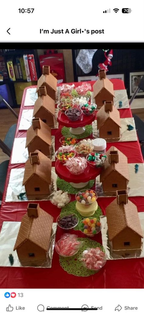 Ginger Bread House Party Decorations, Gingerbread House Setup, Christmas Table For Kids, December Bday Party Ideas, Kids Christmas Birthday Party, Christmas Birthday Party Ideas For Kids, Gingerbread House Party For Kids, Gingerbread House Party Ideas, Christmas Kids Table