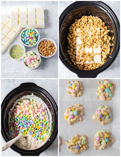 Crockpot Easter Cluster Candy Candy Clusters, Peanut Cluster, Easter Brunch Recipes, White Almond Bark, Bunny Bait, Peanut Clusters, Flavored Marshmallows, Easter Brunch Food, Almond Bark