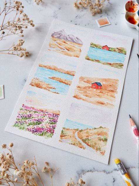 Watercolor Art Gift Ideas, Watercolor Summer Landscape, Watercolor Inspirations Easy, Tiny Watercolor Paintings, Mini Watercolor Paintings, Painting Vibes, Watercolor Postcards, Travel Watercolor, Mini Landscape