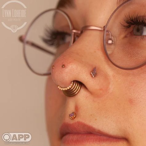 Forward Nostril Piercing, Rhino Piercing, Body Gems, Double Nose Piercing, Nostril Piercing, Face Piercings, Cool Piercings, Facial Piercings, Body Modification