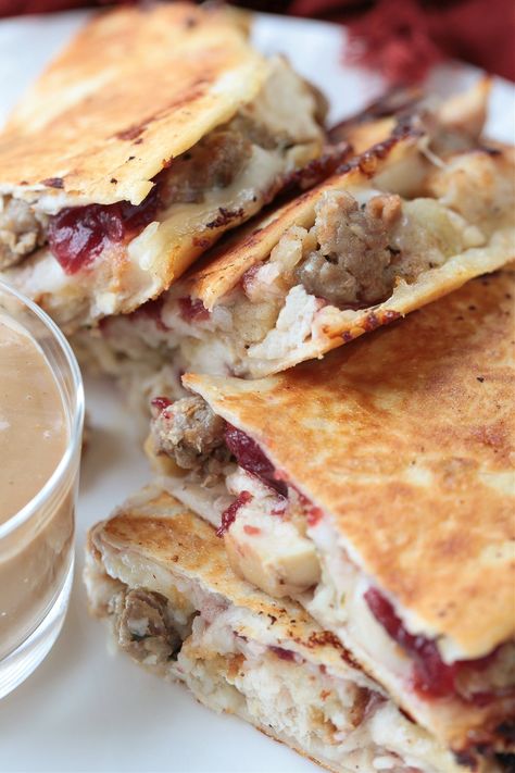 Thanksgiving Quesadillas are the ultimate leftover turkey recipe! Grab your leftovers, tuck them in between cheese and watch them disappear! Leftover Turkey Quesadilla, Turkey Quesadilla Recipes, Turkey Quesadilla, Homemade Turkey Soup, Leftover Gravy, Brown Gravy Recipe, Turkey Noodle Soup, Shredded Turkey, Thanksgiving Leftover Recipes