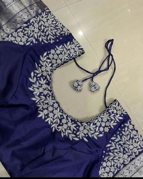 Dm@9640490158 Designer maggam work blouse Fabric: Halfpattu/Rawsilk Dispatch: 3days Price : 3000unstiched . 3550stitched Colours and sizes can be customised accordingly Silver Maggam Work Blouse Designs Latest, Silver Maggam Work Blouses, Silver Maggam Work, Silver Maggam Work Blouse Designs, Latest Computer Embroidery Design Blouses, Books Embroidery, Embroidery Books, Blue Blouse Designs, Maggam Work Blouse