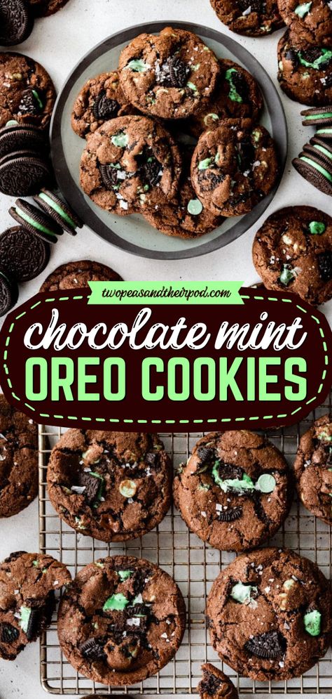 These Chocolate Mint Oreo Cookies are St. Patrick's day sweet treats that start with chocolate cookies with chocolate chips, mint chips, and mint Oreos! Add these decadent cookies to your favorite St. Patrick's day dessert ideas! Chocolate Mint Oreo Cookies, Baking Oreo Recipes, Grasshopper Cookies Recipes, Chocolate Mint Desserts Easy, Dark Chocolate Mint Cookies, Recipes With Mint Oreos, Mint Oreo Cookie Recipes, Cookies For St Patricks Day, Mint Oreo Balls