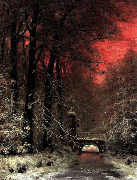 A Snowy Landscape At Sunset  by Louis Apol (1850-1936) Snowy Landscape Art, Dreamlike Art, Gothic Castles, Aqua Regia, Gothic Landscape, Scenic Painting, Snowy Landscape, Old Paintings, Ethereal Art