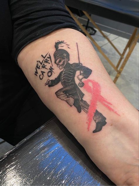 We’ll Carry On Tattoo Mcr, My Chemical Romance Tattoo Black Parade, Marching Band Tattoos, Mcr Tattoo Ideas, My Chemical Romance Tattoo, Mcr Tattoo, Romance Tattoo, Dragon Tattoo Stencil, Survivor Tattoo