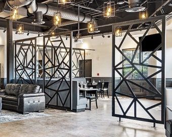 Industrial Lobby Design, Steel Room Divider, Warehouse Office Design, Modern Industrial Office, Industrial Office Space, Open Concept Office, Metal Room Divider, Warehouse Office, Industrial Office Design