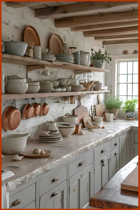 French Kitchen Shelves, Open Shelves Dishes Display, Country Style Shelves, Open Shelving Farmhouse Kitchen, Kitchen Open Shelving Decor Ideas, Cottage Kitchen Open Shelves, Kitchen Shelving Ideas Farmhouse Style, Farmhouse Kitchen Open Shelving Ideas, Small Farmhouse Kitchen Decor