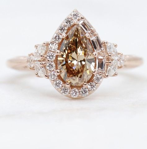 Champagne Moissanite, Baguette Halo, Brown Diamond Ring, Pear Cut Ring, Rose Gold Brown, Pear Ring, Engagement Ring Rose Gold, Pear Engagement Ring, Vintage Diamond Rings