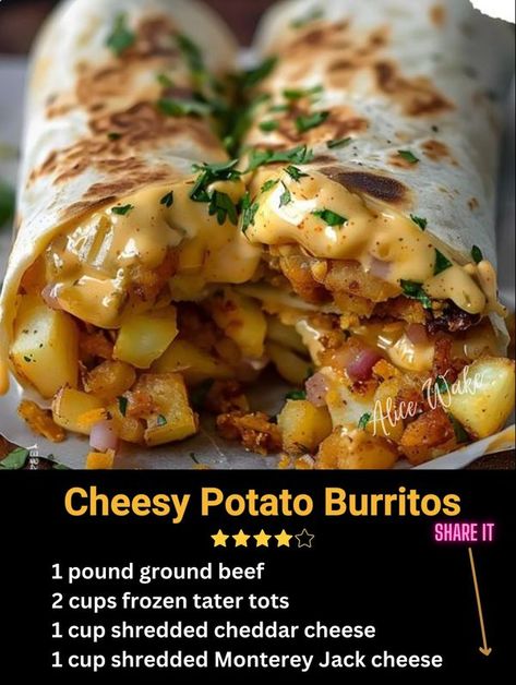 Cheesy Potato Burrito, Cheesy Potato Burrito Recipe, Chessy Potatoes, Potato Burrito Recipe, September Meals, Potato Burritos, Potato Burrito, Frozen Tater Tots, Ranch Potatoes