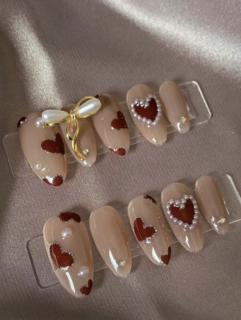 Coquette Valentines Nails, Nails Charm, Charm Nails, Korean Nail, Nails Elegant, Custom Press On Nails, Pink Ombre Nails, Nails Design With Rhinestones, Pearl Nails